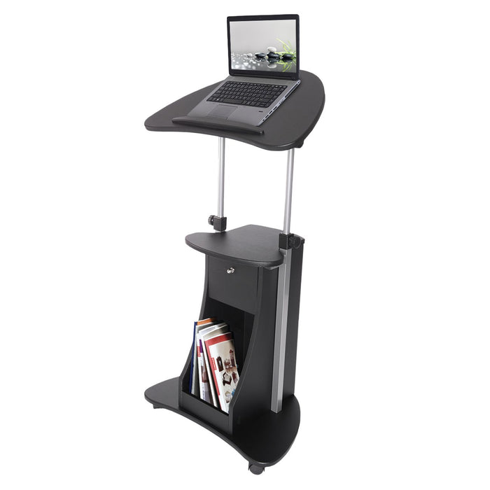 Techni Mobili RTA-B005 tilting desktop laptop cart in black  lifestyle image with white background