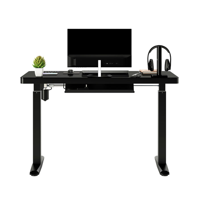 Techni Mobili Electronic Glass Desk With Adjustable Height to 46.5” with storage, speaker, wireless charging & USB, Black