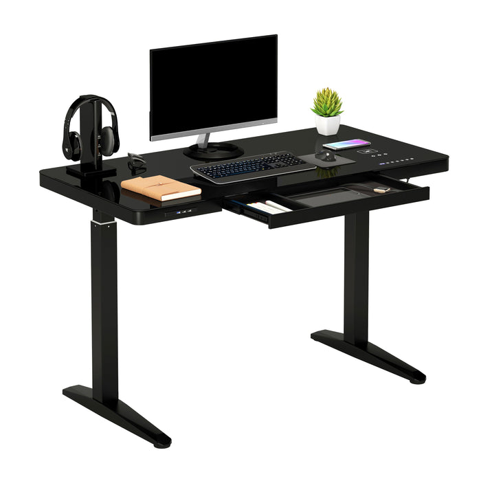 Techni Mobili Electronic Glass Desk With Adjustable Height to 46.5” with storage, speaker, wireless charging & USB, Black