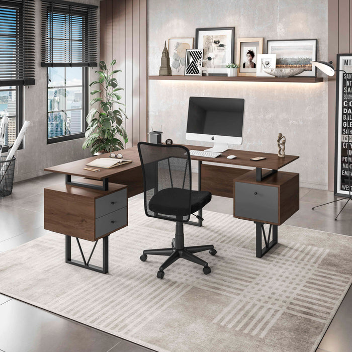 RTA-4809DL L-shaped desk in lifestyle image of the desk in a light tan decorated room with plant, windows and shelf with photos and a mesh backed task chair.