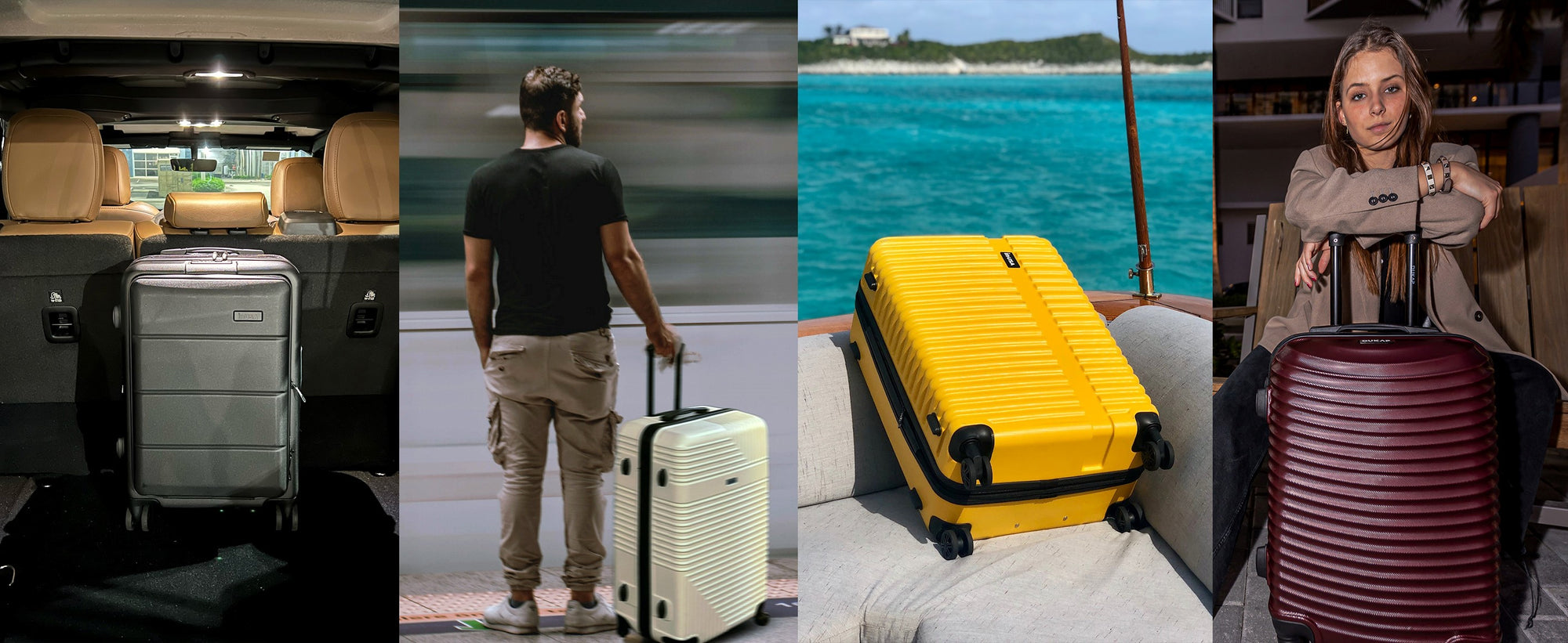 collage of four lifestyle pictures of inusa brand hardside suitcases now being sold at shopango
