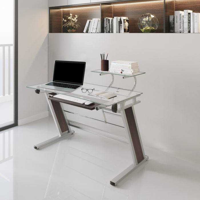 Techni Mobili Home Office Workstation with Sturdy Chrome Base, Glass Desktop