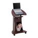 Techni Mobili RTA-B005 tilting desktop laptop cart in brown lifestyle image with white background desktop  lowered at sitting height