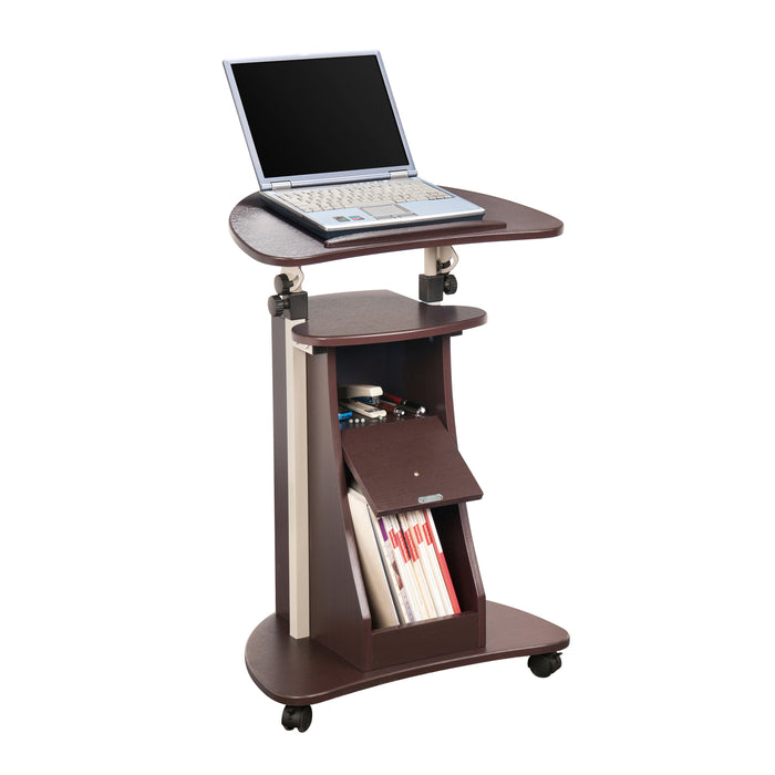 Techni Mobili RTA-B005 tilting desktop laptop cart in brown lifestyle image with white background