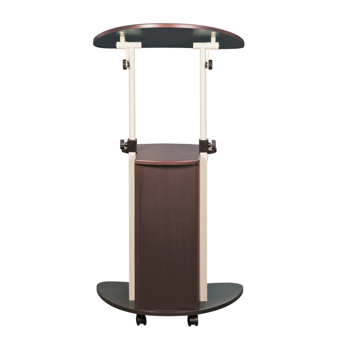Frontal view of the Techni Mobili RTA-B005 Sit-to-Stand Brown Laptop Cart