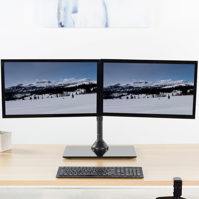 Black Dual Monitor Stand with Sleek Glass Base and Adjustable Arms
