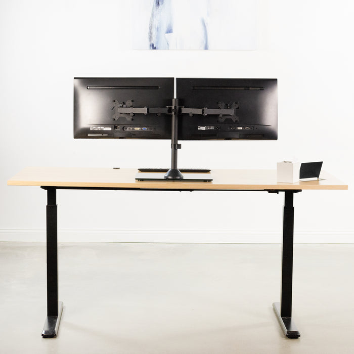 Black Dual Monitor Stand with Sleek Glass Base and Adjustable Arms