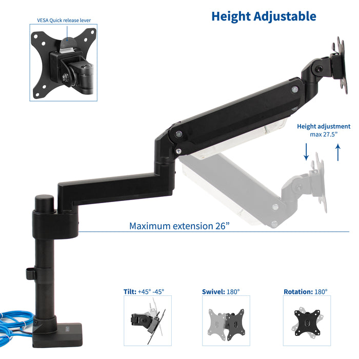 Pneumatic Arm Single Monitor Desk Mount with USB