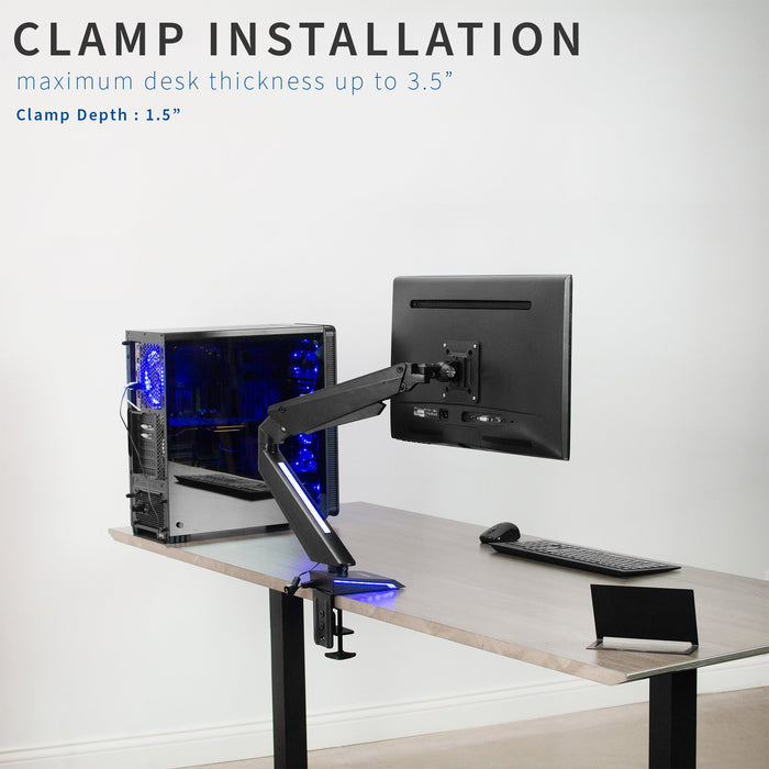 Single Gaming Pneumatic Monitor Arm - Blue LED Lights