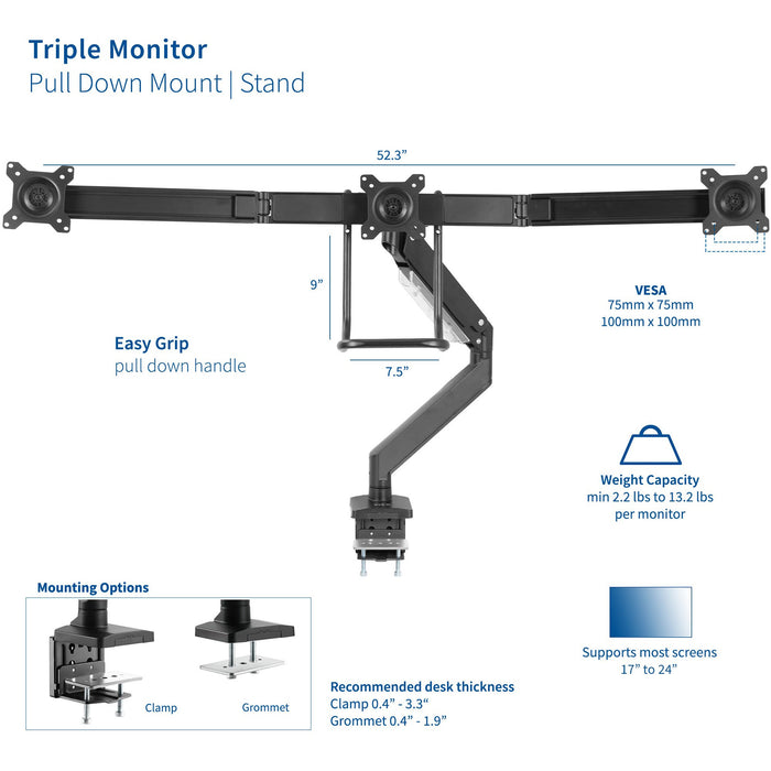 Pneumatic Arm Triple Monitor Desk Mount