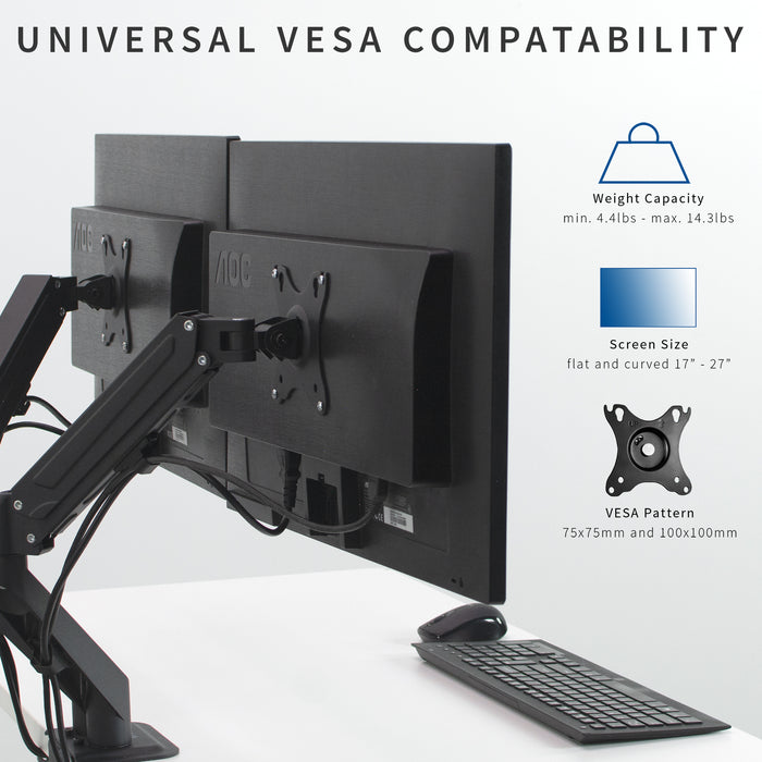 Pneumatic Arm Dual Monitor Desk Mount (17" to 27")